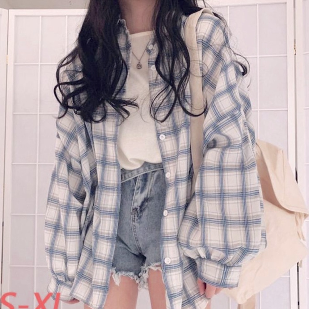 Korean Blue Plaid Checkered Blouse